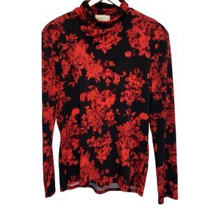 DIANA BELLE Blouse Floral Turtleneck Stretch Long Sleeve Womens XL Black Red